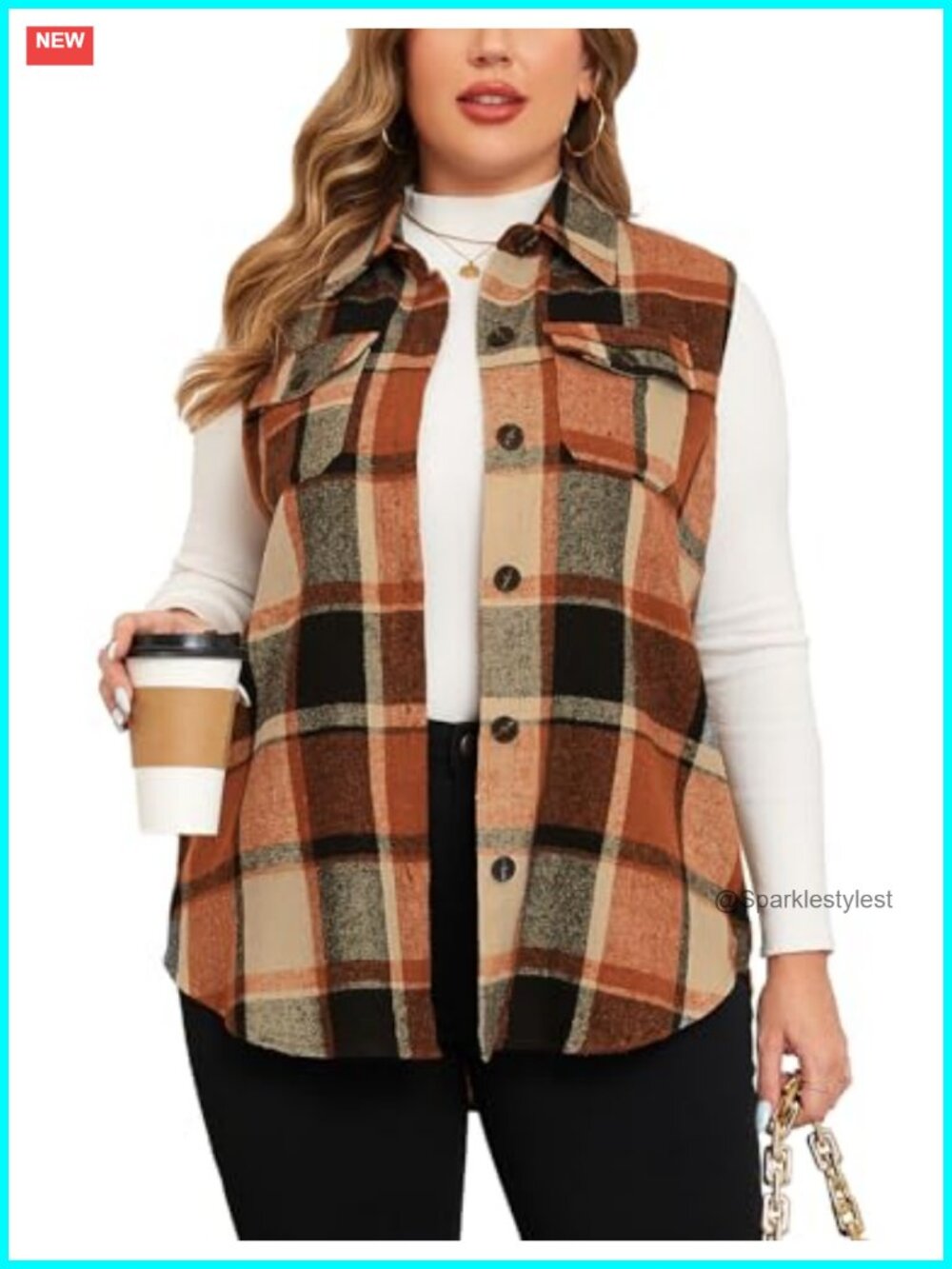 Plus Size Flannel Plaid Long Vest Button Down Sleeveless Shacket Coat Fall